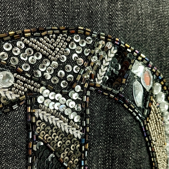 VINTAGE Bleu Bayou Denim Jacket XL Bead, Crystal & Sequin Embellished Peace Sign - Picture 12 of 17